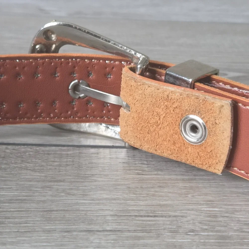 Jana Leather Belt Western Studded Vtg Tan Women Large Brown Silver Gold Concho